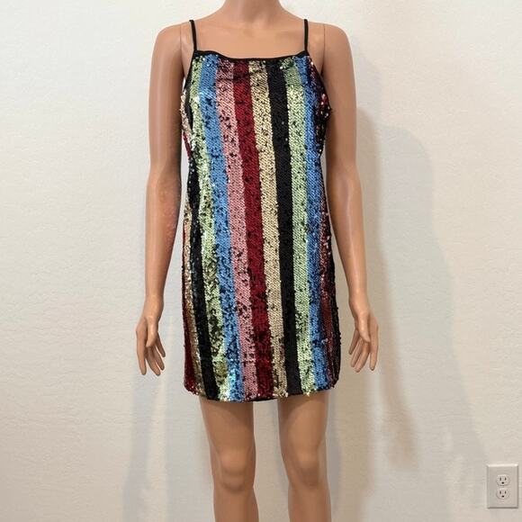 medium sequin multicolor striped mini dress metallic D4 2921 - Picture 11 of 11
